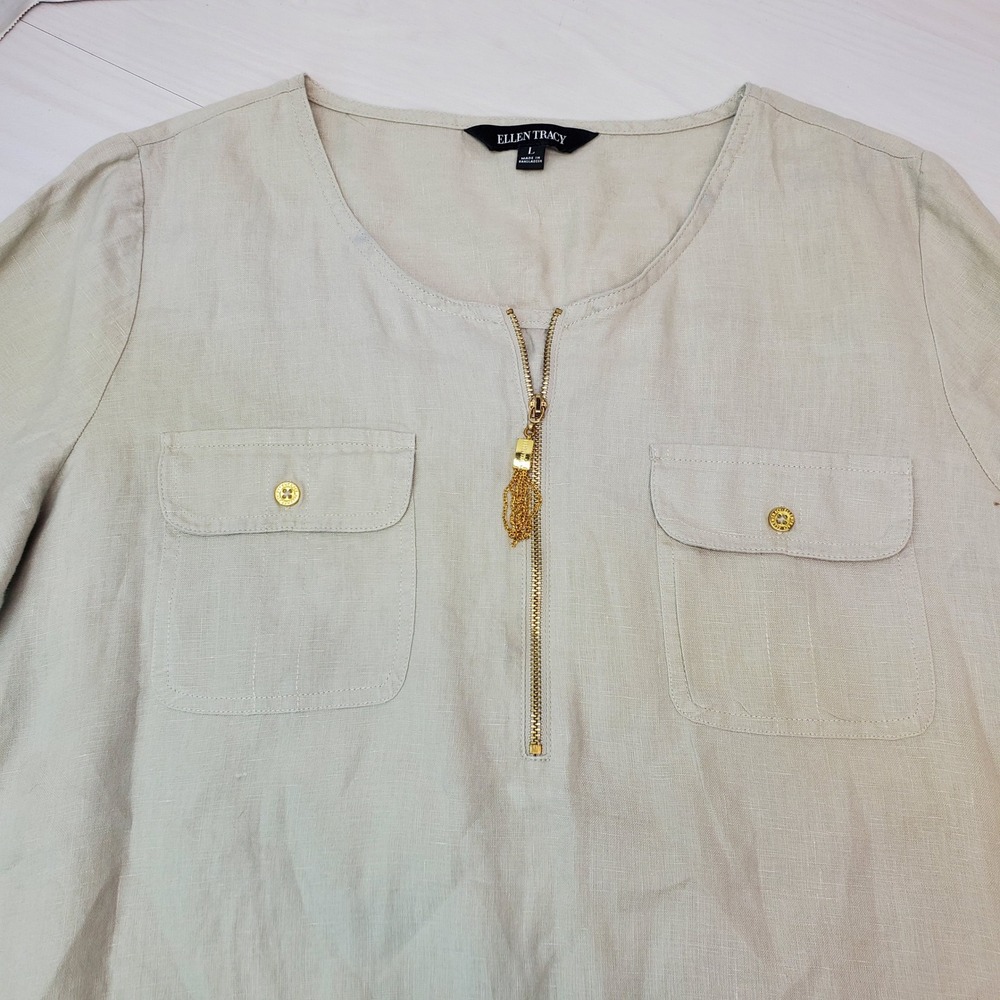 Ellen Tracy Linen Blend Tunic Top Gold Zipper Pockets Women's Size L Langen Look